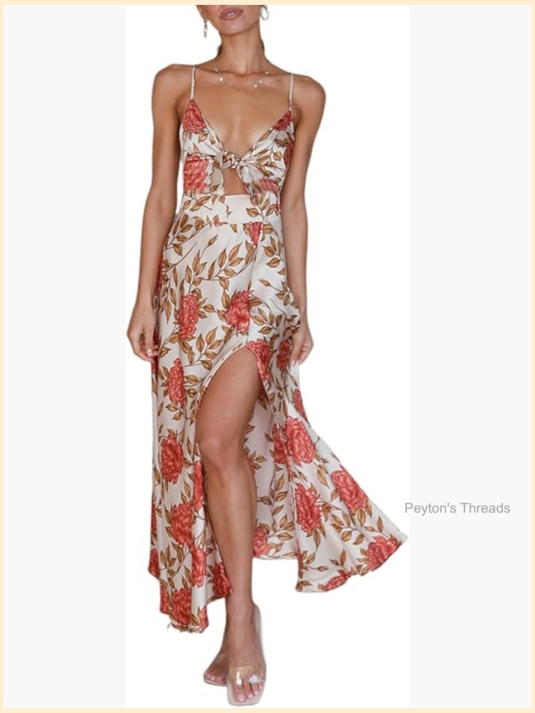 Spaghetti Strap Midi Satin Dress Tie Front Backless Slit Flowy Lightweight